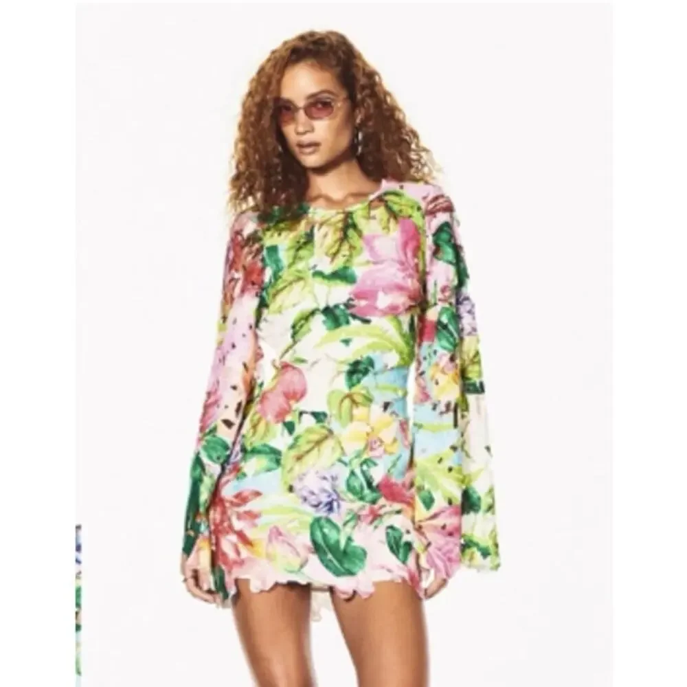 Rococo Sand Long Sleeve Tropical Floral Mini Dress Open Back Women's Small